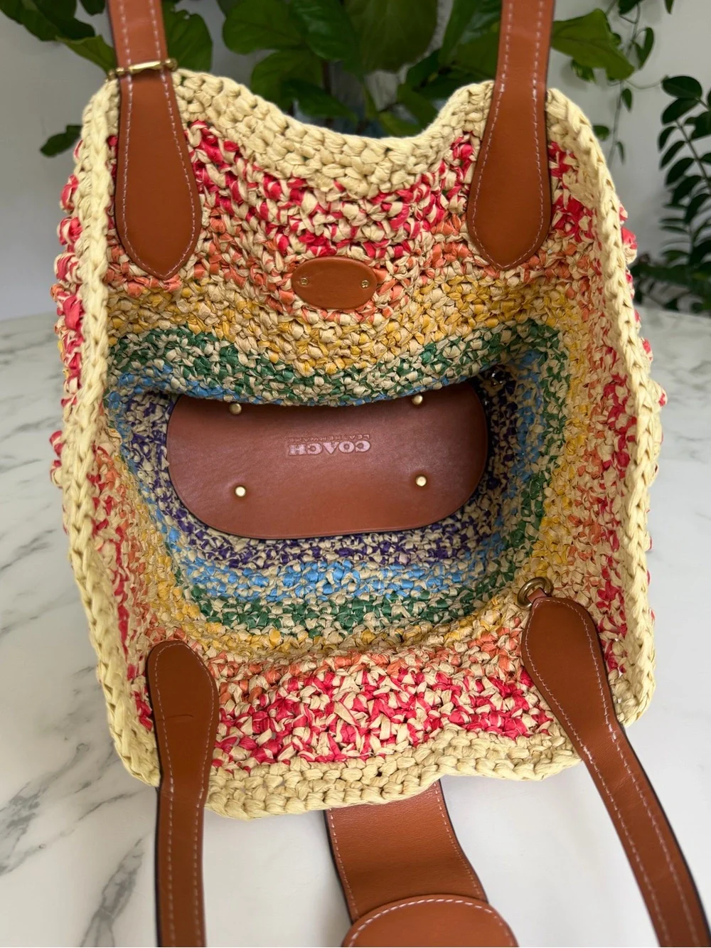 Coach Tabby Rainbow Stripe Straw Small Tote Shoulder Bag CJ641